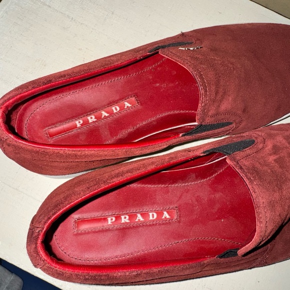 Prada Maroon Suede Red Leather Interior Slip on Loafers Men’s Sz 7 Rare - Picture 7 of 8